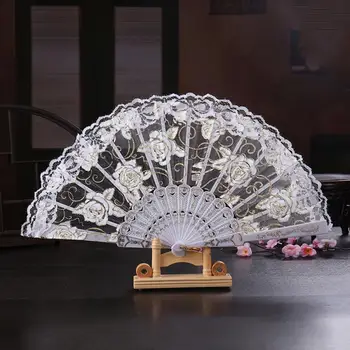 

plastic+cloth traditional style Plastic Folding Fan Cloth Chinese Style Rose Lace Souvenir Gold Stamping women Gift new arrival