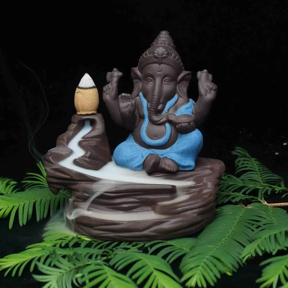 Керамический обратный поток благовоний горелка слон Бог благовония база домашний декор Ганеша фиолетовый песок сандаловое дерево фигурки - Цвет: blue cloud