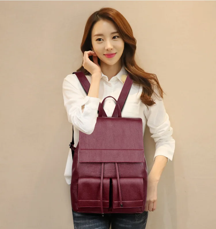 MJ Women Leather Backpack Solid PU Leather Travel Bag Branded Design Female Large School Bag for Girls High Capacity Drawstring (7)
