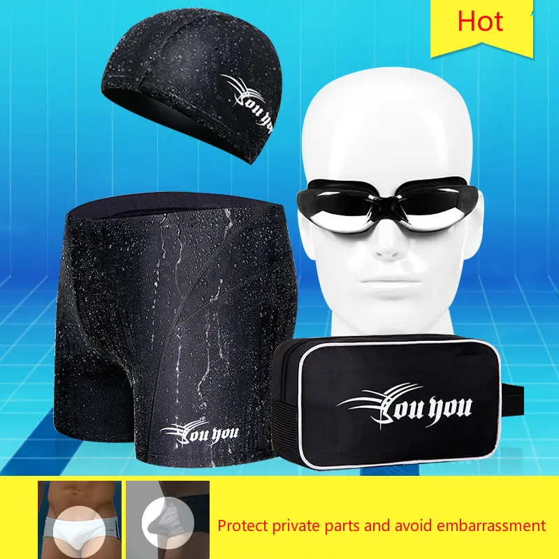 

2019 New Men's Swimming Five-piece Suit Swimming Equipment Men's Fashion Boxer XL Plus Fat Swim Trunks Swimsuit