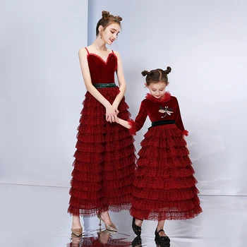

Mother Daughter Tutu Wedding Dress Summer Wine Red Women Kids Clothing Family Matching Clothes Outfits Mom and Daughter Dress
