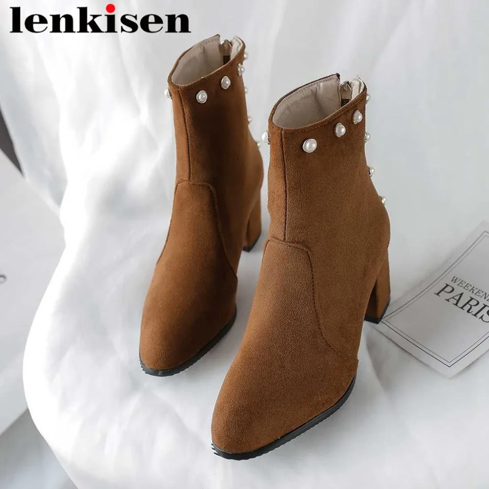 

Lenkisen 2019 young lady thick high heels zipper round toe pearls pu european designer handmade high quality mid-calf boots L7f5