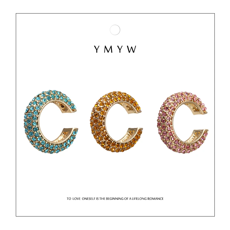 

YMYW New Fashion Brand Simple C Shaped Rhinestone Clip Earrings Zinc Alloy Statement Metal Earings for Women Party Brincos 1pcs