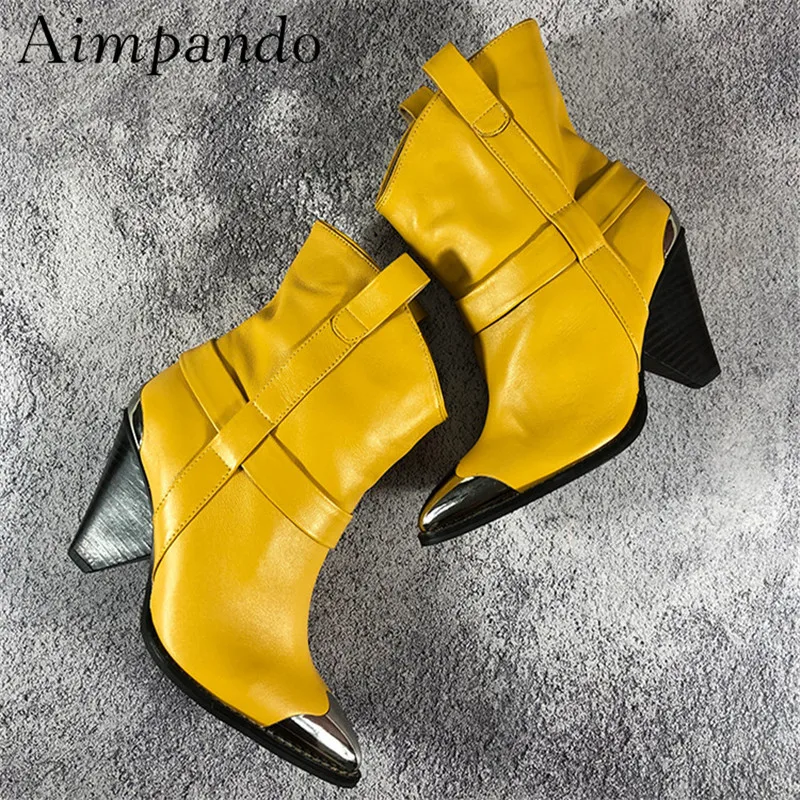 

Fashion Geniune Leather Martin Boots Metal Pointed Toe Spike Heel Rivet Decoration Stage Runway Boots Women