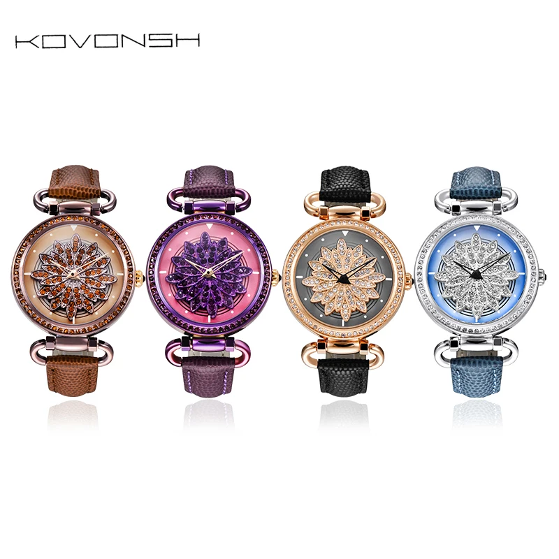 KOVONSH 360 Degree Rotation Dial Luxury Leather Women Watches Diamond Lady Watch Fashion Dress Quartz Wrist Watches Dropshipping