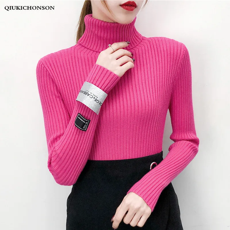 Slim Black Turtleneck Sweater Women Autumn Winter Korean Fashion Letter