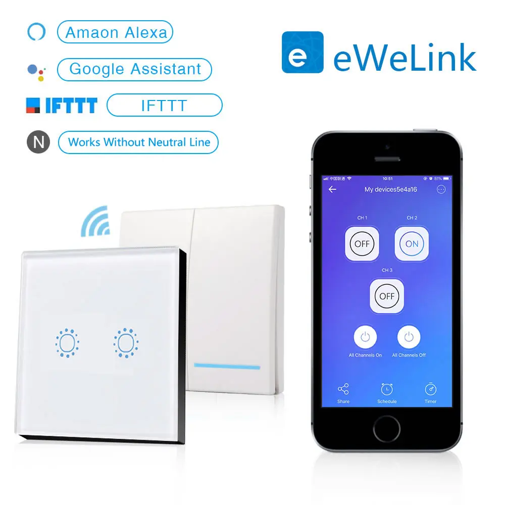 Настенный выключатель EACHEN WiFi Smart RF 433/ APP / Touch Control настенный светильник 1/2/3 Gang