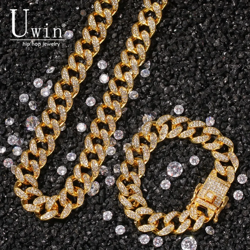 Offerte UWIN 13 millimetri Miami Collana A Catena Cubana Collana Braccialetto Set Iced Out Strass Oro Argento Dei Monili di Hip Hop Per regalo