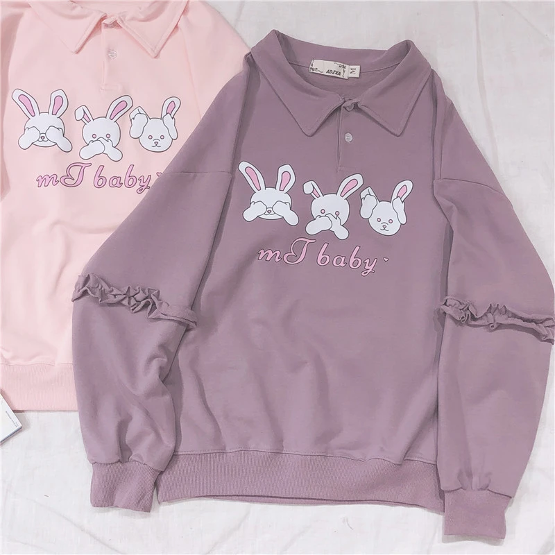 Harajuku conejos bonitos mujeres volantes manga sudaderas chica jersey de estudiante camisas primavera Polo sudadera| Sudaderas con capucha y sudaderas| - AliExpress