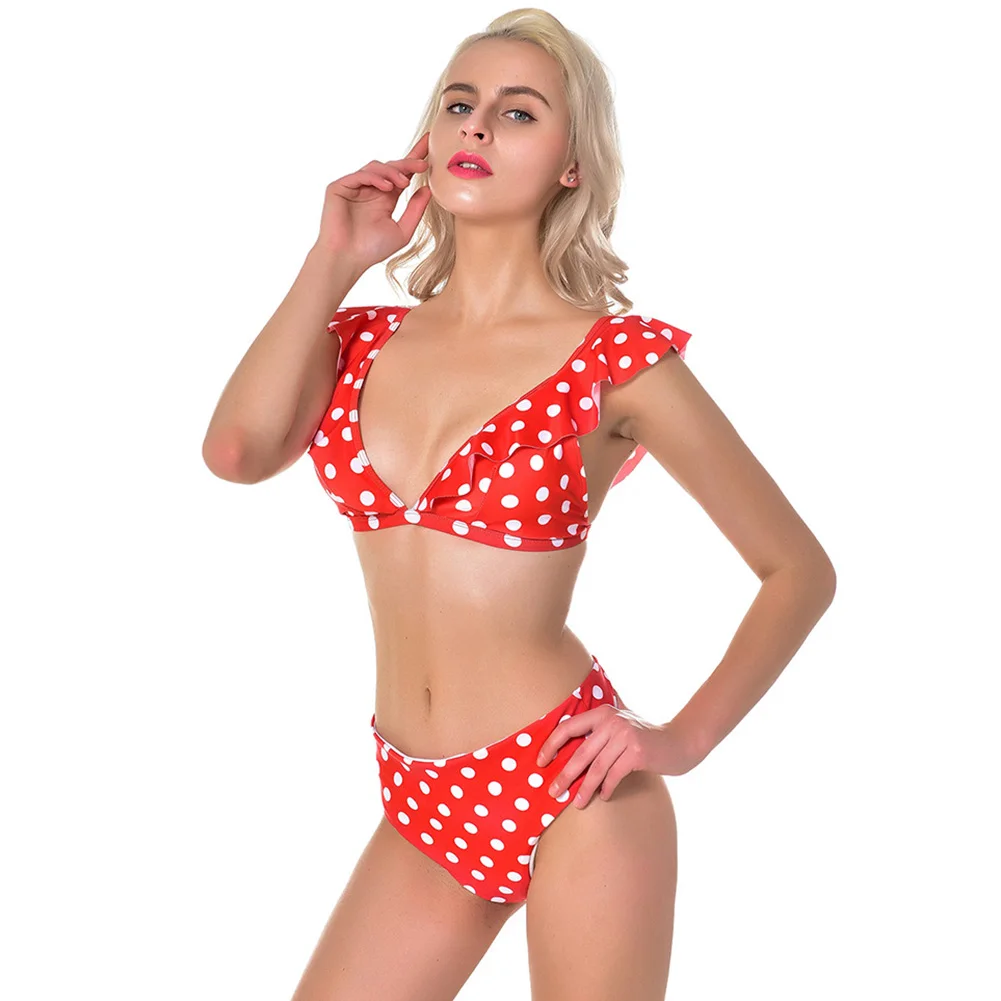 

Women Summer Print Bikini Top with Pants Deep V Neck Polka Dots Ruffled Bathing Suit FI-19ING