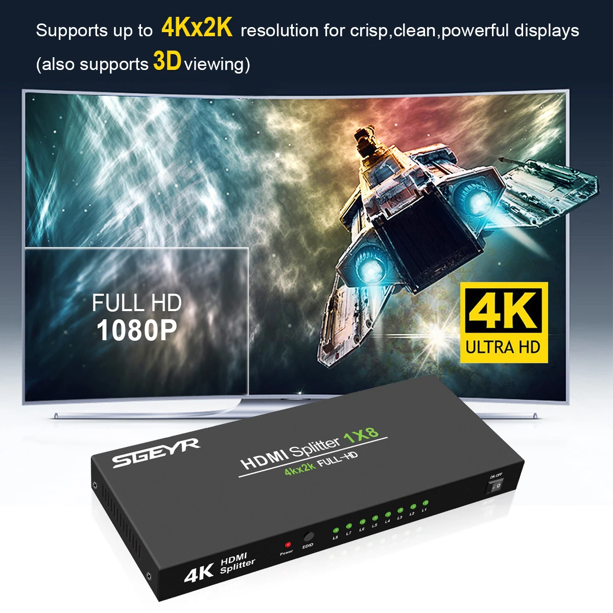 1x8 Питание V1.4 Сертифицированный HDMI сплиттер 1 в 8 выход с Full Ultra HD 4 K/2K@ 30 Гц и 3D разрешением-1 источник на 8 дисплеев