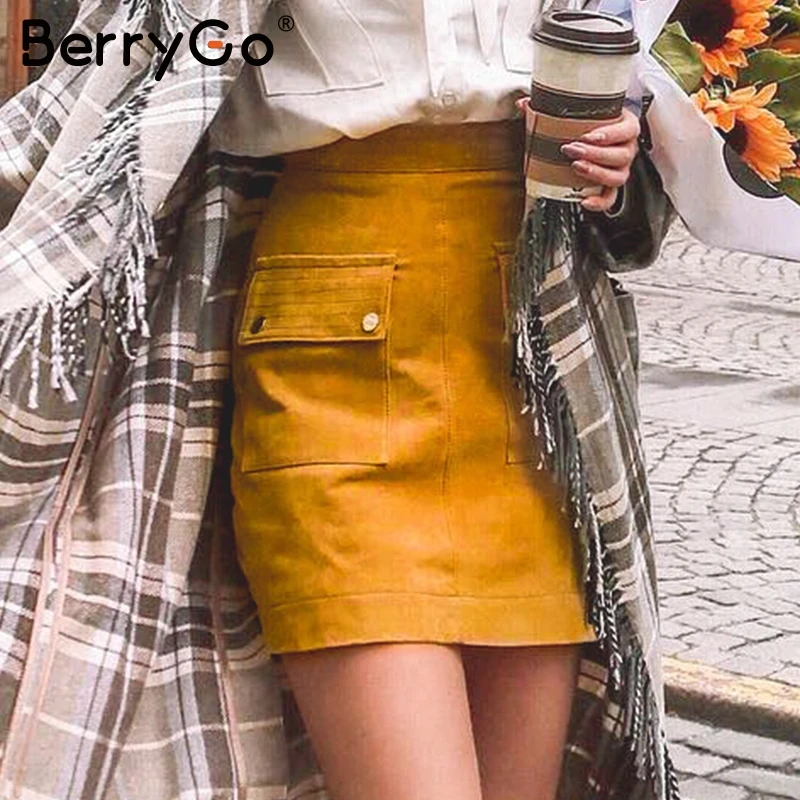 BerryGo мини юбка с завышенной талией и карманами Женская винтажная желтыми