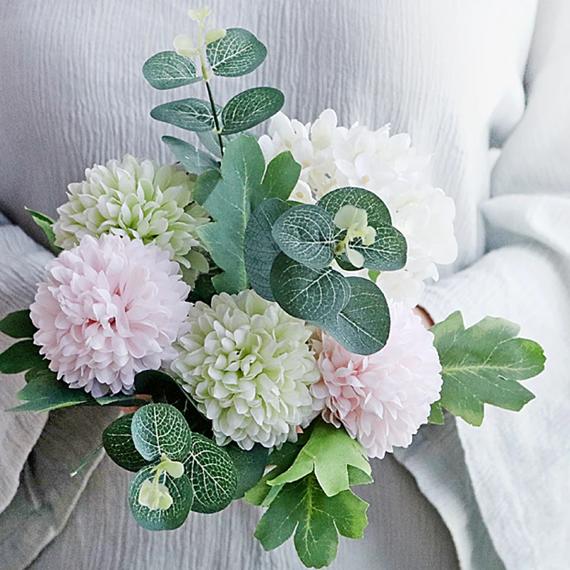 Modern Glass Vase+Artificial Flower Set Decor Office Furnishing Decoration Crafts Livingroom Hydrangea Fake Flower Pot Ornaments