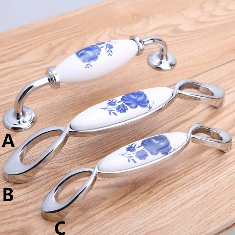 

96mm 128mm white and blue porcelain furniture handles blue silver cabinet drawer pull knob white blue ceramic dresser handles 5"