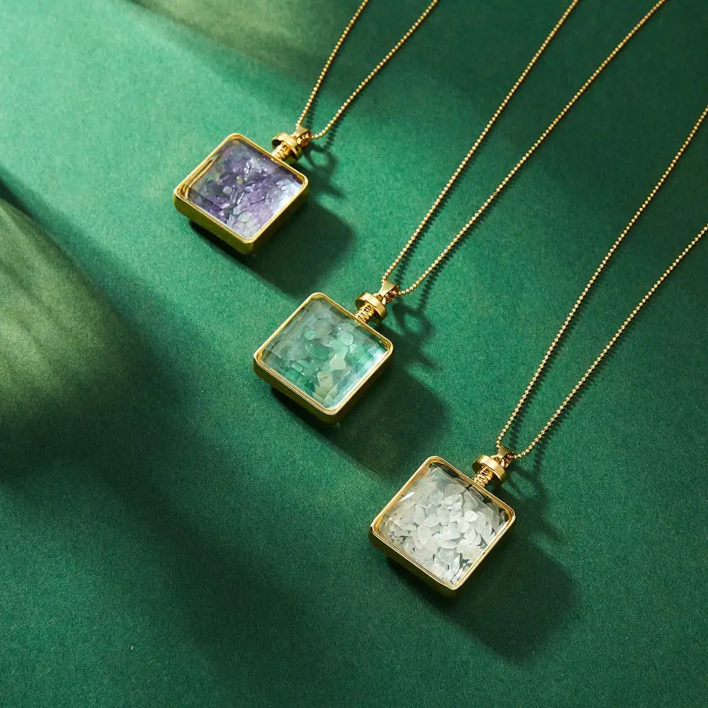 Золотой Цвет Кристалл квадратный стеклянный медальон ожерелье стеклянная бутылка для Natrual камней ожерелье с удлиненной цепью женские ювелирные изделия подарок