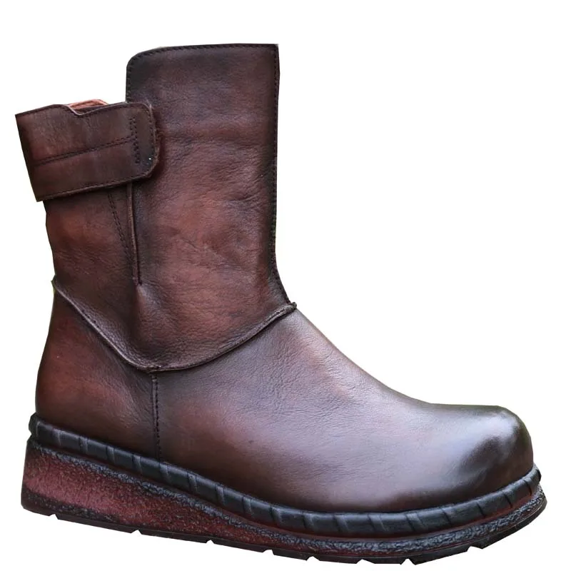

2018 Women Mid-calf Boots Vintage Low Thick Heel Spring Autumn Shoes Round Toe Platform Motorcycle Boots Genuine Leather Autum