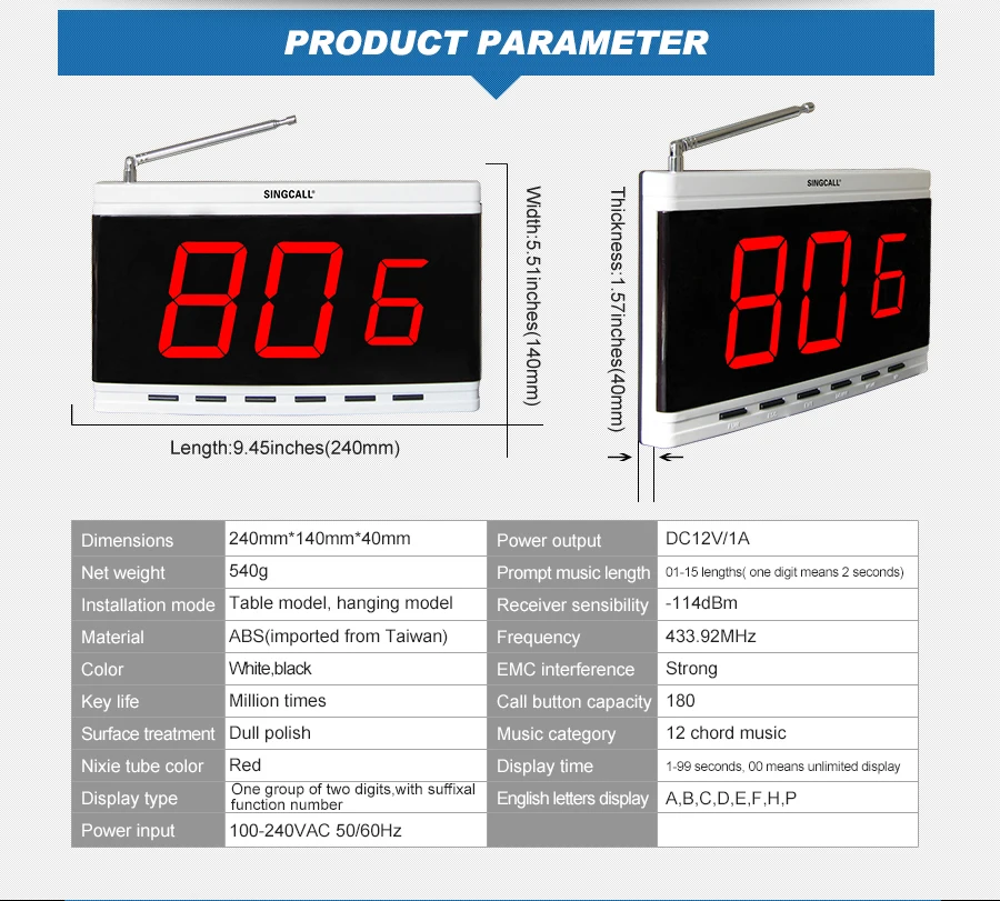 Singcall. беспроводной Кнопка пейджера. waterproof.10 Настольный передатчик для вызова и 1 шт. белый дисплей приемника
