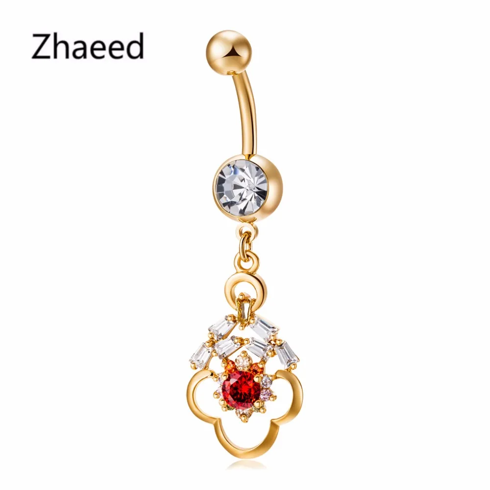 2017 New Dangle Belly Button Ring Gold Belly Bar Body Jewelry Flower