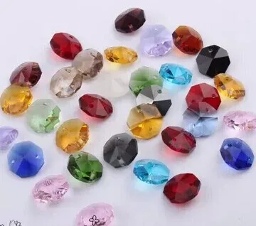 

Free shipping 100pcs/lot ,14mm colored crystal glass octagon beads in 2 holes for diy loose beads decortaion supples