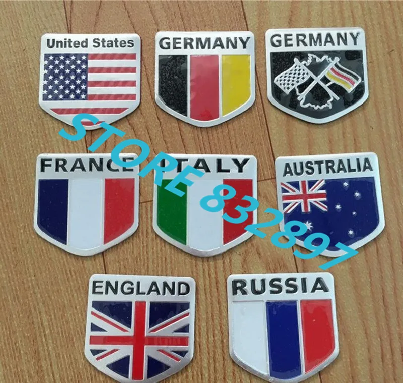 UK Italy Flag France US Flag Shield Aluminum Car Motorcycle Stickers Tail Emblem