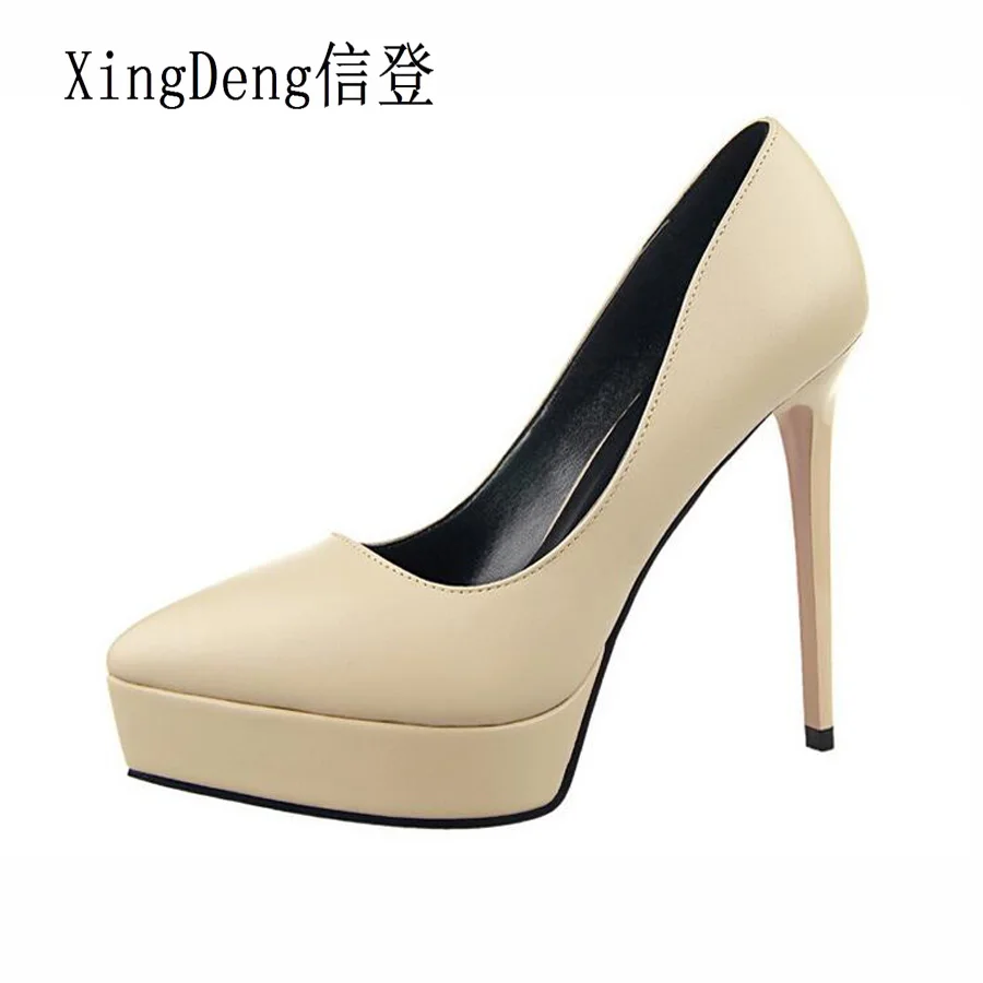 

XingDeng Women Platform Pu Leather High Heels Pumps Shoes Ladies Sexy Wedding Party Dress European Design Stilettos Shoes