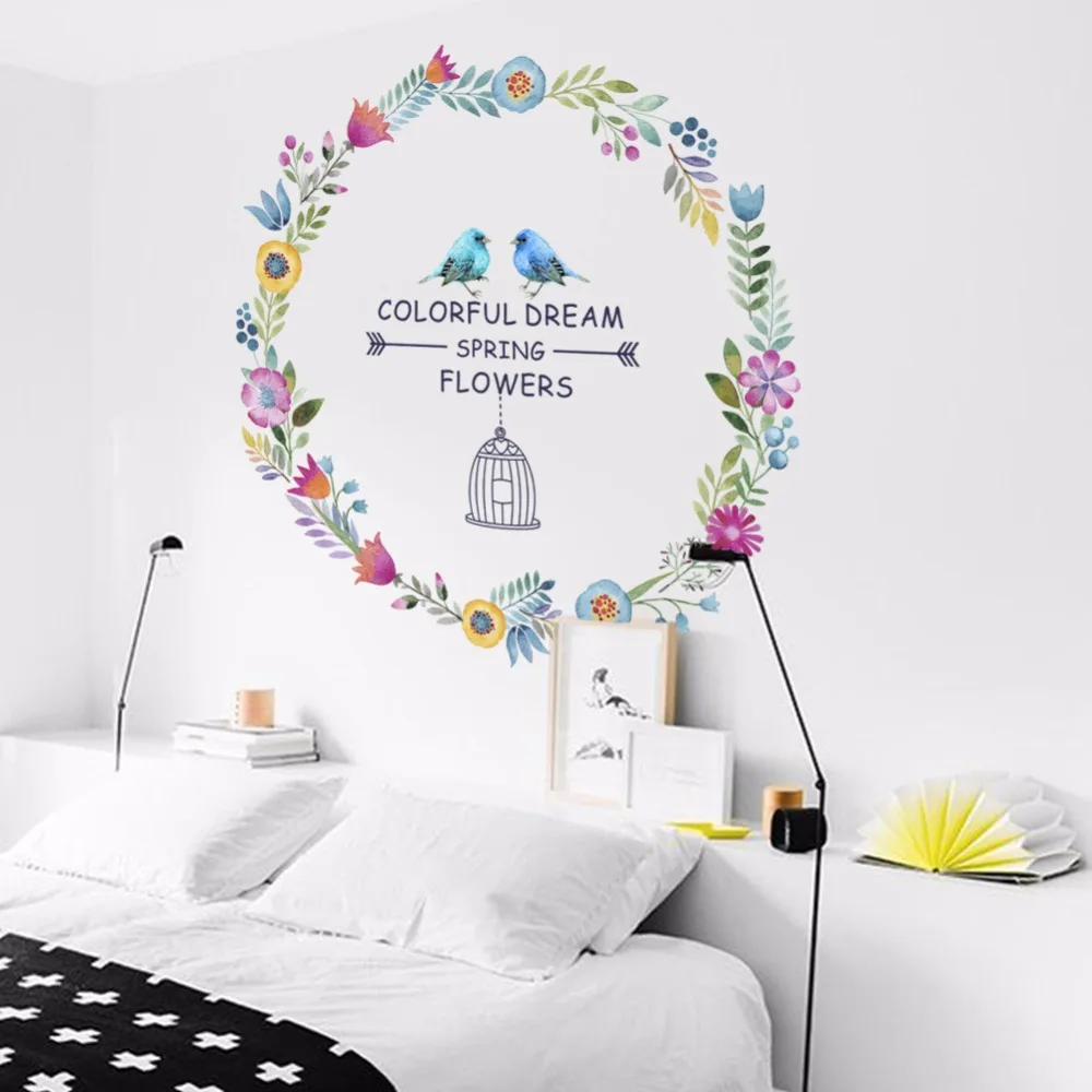 Elegant Flower Wall Stickers garland birds Wall Stickers Furnishings Romantic Living Room
