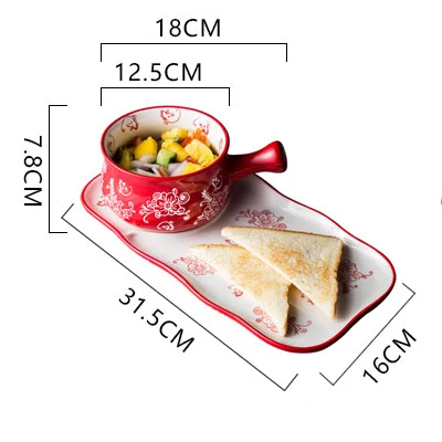 Креативная керамическая миска и тарелка в японском стиле, набор посуды для завтрака, хлеба, десерта, тарелка для дома, один человек, овсяная посуда - Цвет: red 2-piece set