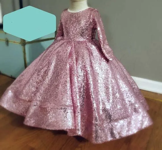 

Sparkly Long sleeves blush pink bling sequins baby princess birthday party dresses ball gown toddler girl glitz pageant gown