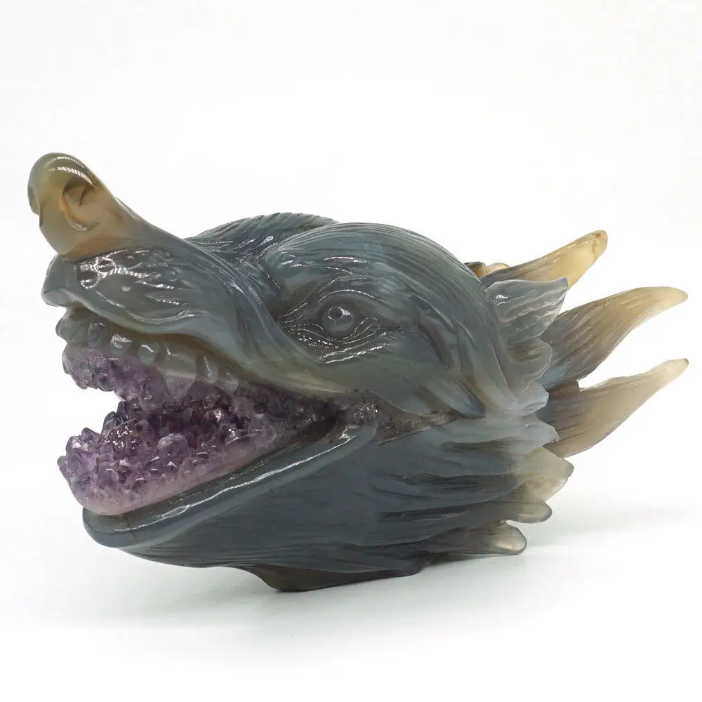 

Wolf Head Natural Gemstone Amethyst Agate Carved Geode Reiki Healing Decor 6.3