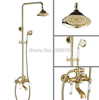 

Bathroom Wall Mounted Rain Shower Faucet Set Ceramic Dual Handles Bathtub Gold Color Brass Mixer Tap with Handheld Shower Wgf377
