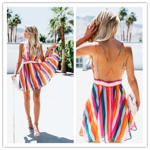 

Summer Sexy lady Female Women Backless Sleeveless Stripe Spaghetti Strap Party Evening Holiday Beach Short Mini Dress Sundress