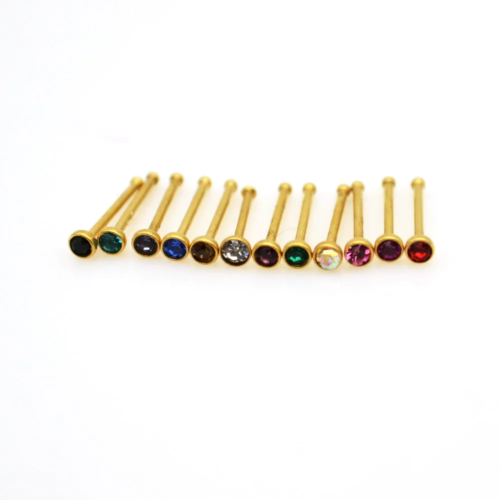 

HENGKE Gold Nose Stud Clear AB Crystal 2mm Gem 22G Straight Bone 316L Stainless Steel Rhinestone Hooks Bar Pin Nose Piercing