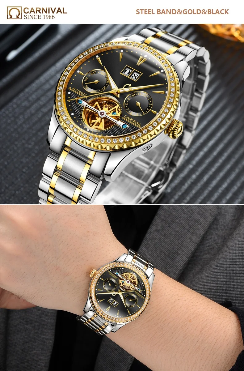 Карнавальные роскошные золотые деловые мужские часы от ведущего бренда, автоматические мужские часы с турбийоном, светящиеся механические часы