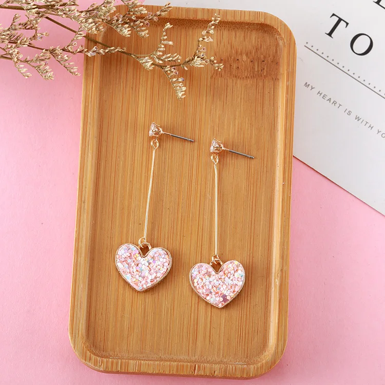 Korean Fashion Sweet Romantic Girl Pink Sequin Love Long Exquisite Pendant Earrings Temperament Wild Bride Earrings Gift