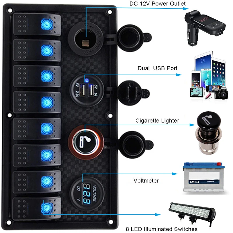 

5 Pin Car Boat Switch Panel 12V 24V Waterproof Rocker Switch Panel 3.1A Dual USB Power Socket Charger LED Digital Voltmeter