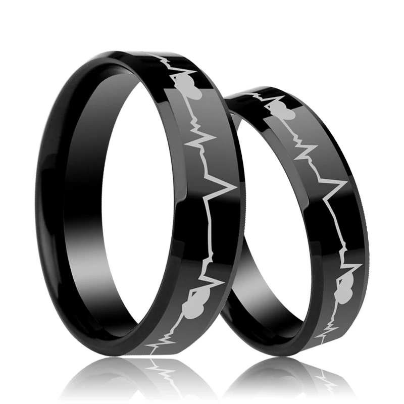 

Matching Black Comfort Fit Tungsten Carbide Ring Pairs Laser Heartbeat Wedding Jewelry for Lovers
