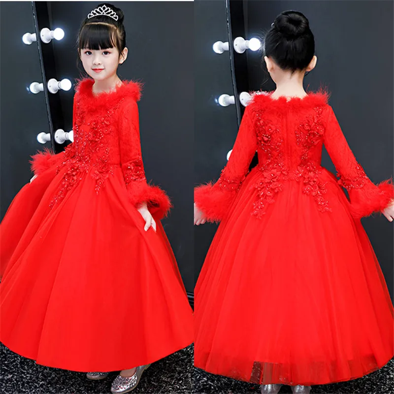 

Autumn Winter Warm Children Girls Red Color New Year Birthday Princess Lace Long Dress Kids Toddler Elegant Christmas Prom Dress