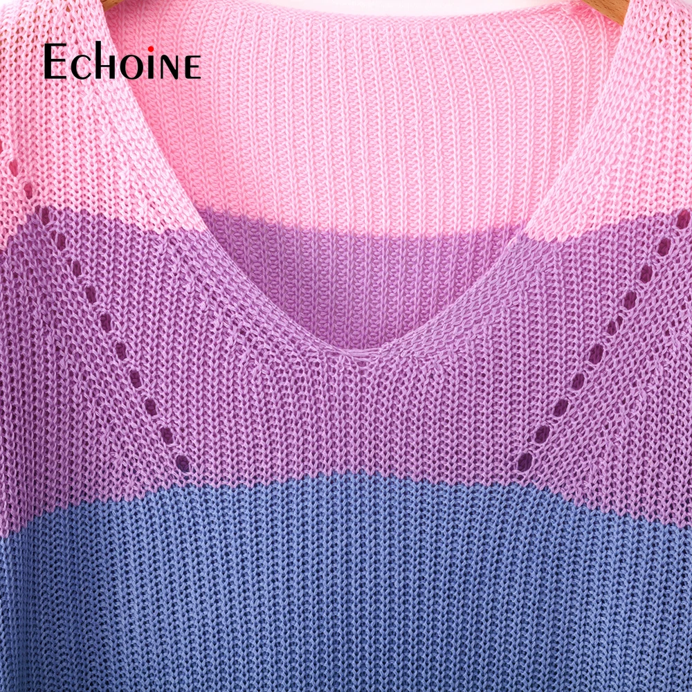 Повседневный женский свитер в радужную полоску с v-образным вырезом, новинка, Осень-зима, длинный рукав, вязанный Свободный пуловер, джемпер, сексуальные свитера больших размеров