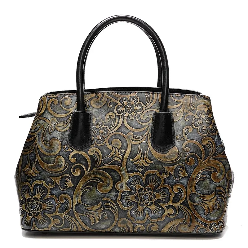 

Vintage Embossing Flower Designer Mature Female Handbag For Mother Genuine Cow Leather Lady Purse Women's Long Belt Shoulder Bag