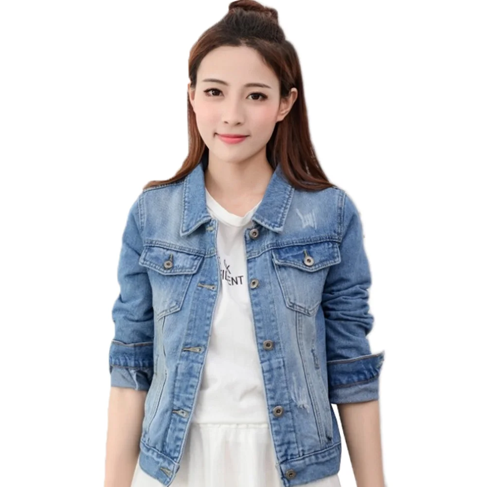 Fashion Womens Denim Slim Coat Casual Long Sleeve Hand Brush Stretch