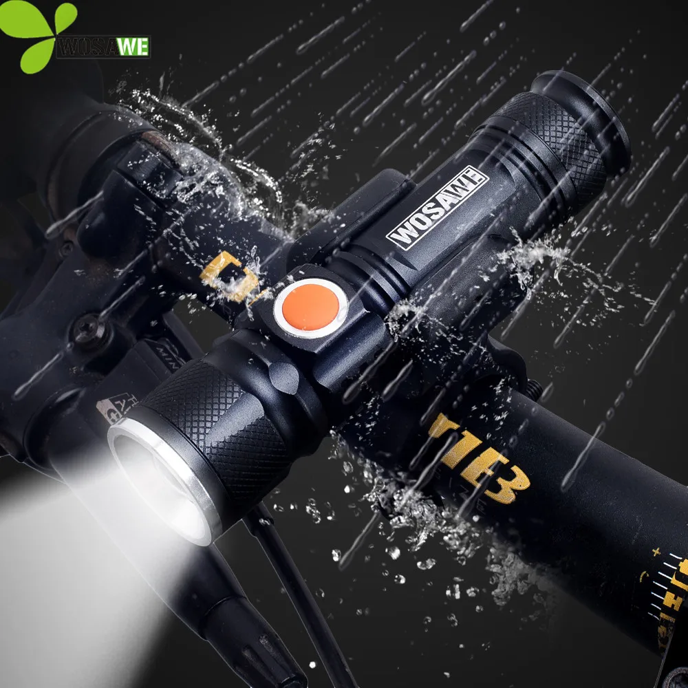 

WOSAWE Built-in 18650 Battery Bicycle Light LED Flashlight Clip Mount Holder Waterproof Front Torch USB Rechargeable Bike Lights