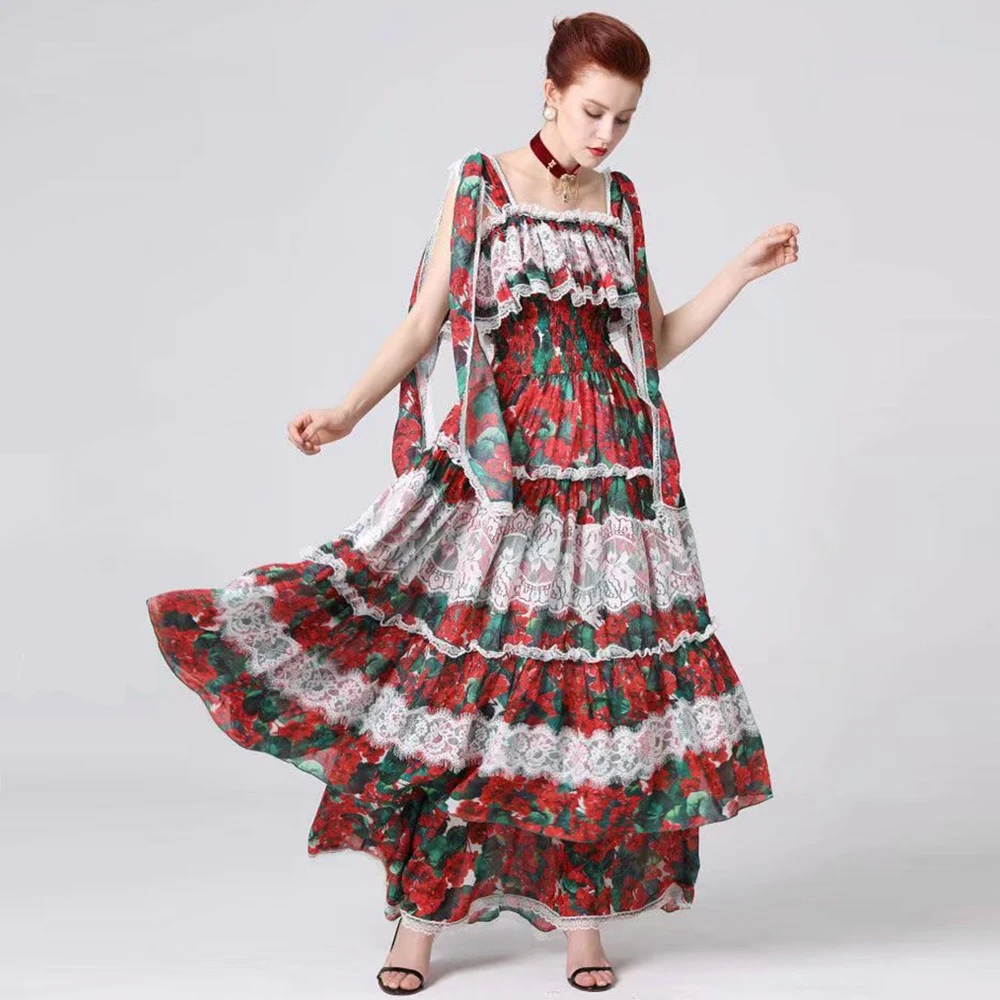 

Red RoosaRosee Fashion Runway Women Long Maxi Dress Sexy Backless Floral Print Summer Strap Lace Dresses Vestidos New Robe Femme