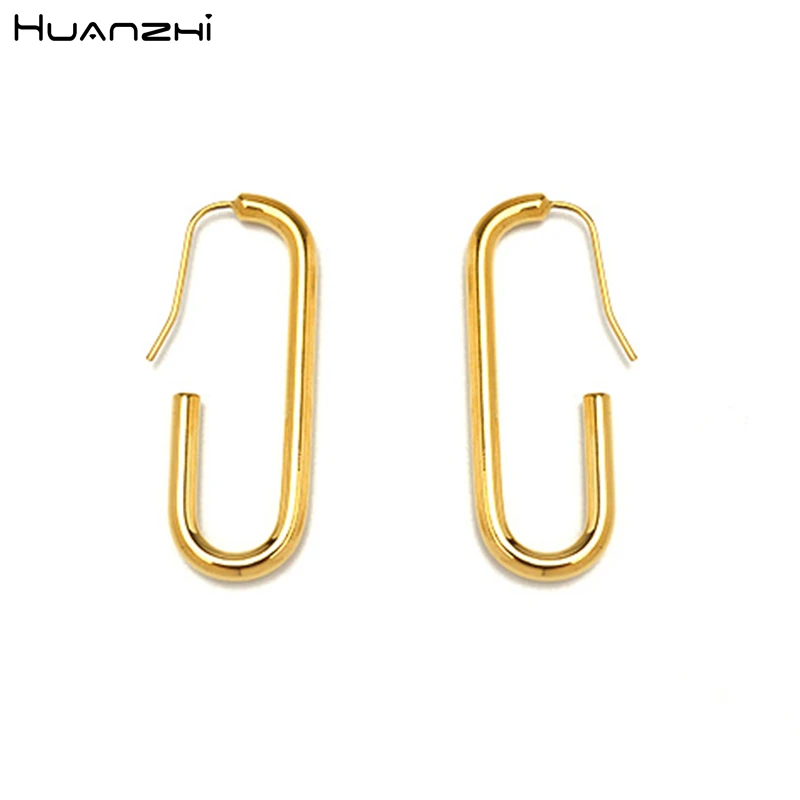 

HUANZHI 2019 Simple Gold Metal Brass Plated C Shape Paper Clip Pin Hoop Earrings for Women Party Jewelry Gift
