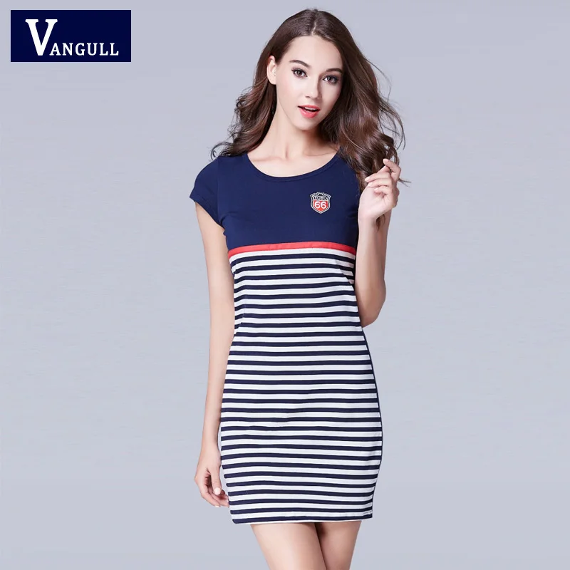 

Vangull 2018 Summer Women Striped Dress New Fashion Brand Casual O-Neck short Sleeved Patchwork Mini Vintage Mini Dresses