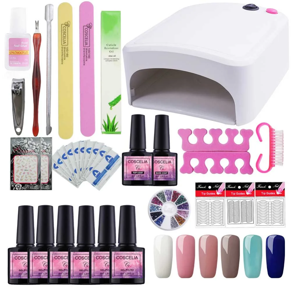 

36W UV Lamp 6 Color Nail Polish Solid Color Hybrid Varnishes Gel Soak-off UV&LED Gel Varnish Kit For Nail Art Tools