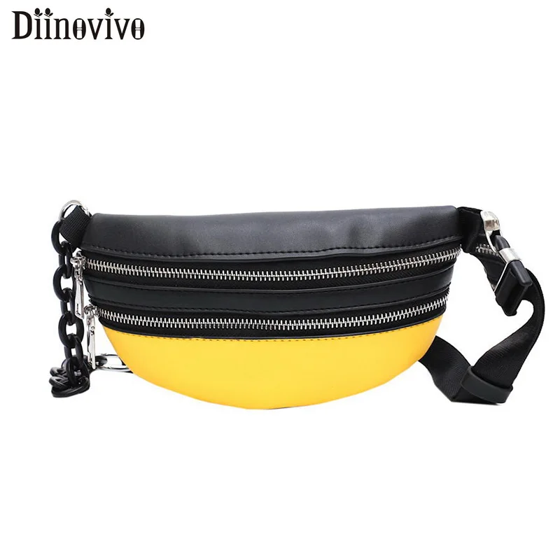 

DIINOVIVO Patchwork Waist Bag Women's Belt PU Leather Acrylic Chain Fanny Pack Shoulder Bag Banana Travel Bum Chest Bag WHDV1085