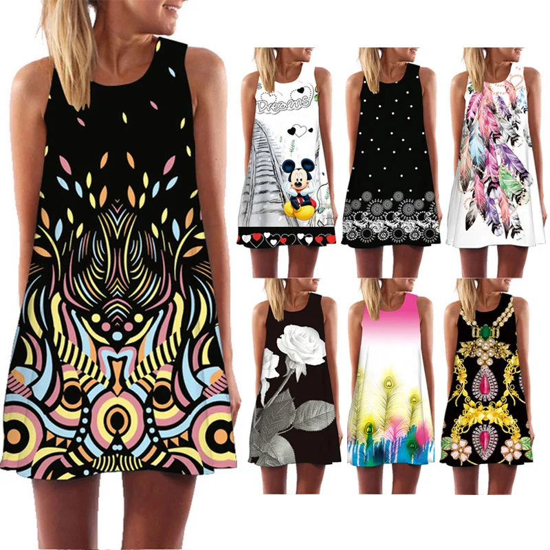 

2019 Summer Mini A-Line Dress Women 3D Vintage Floral Print Short Dress Elegant Sleeveless Boho Dresses Casual Sundress Vestidos