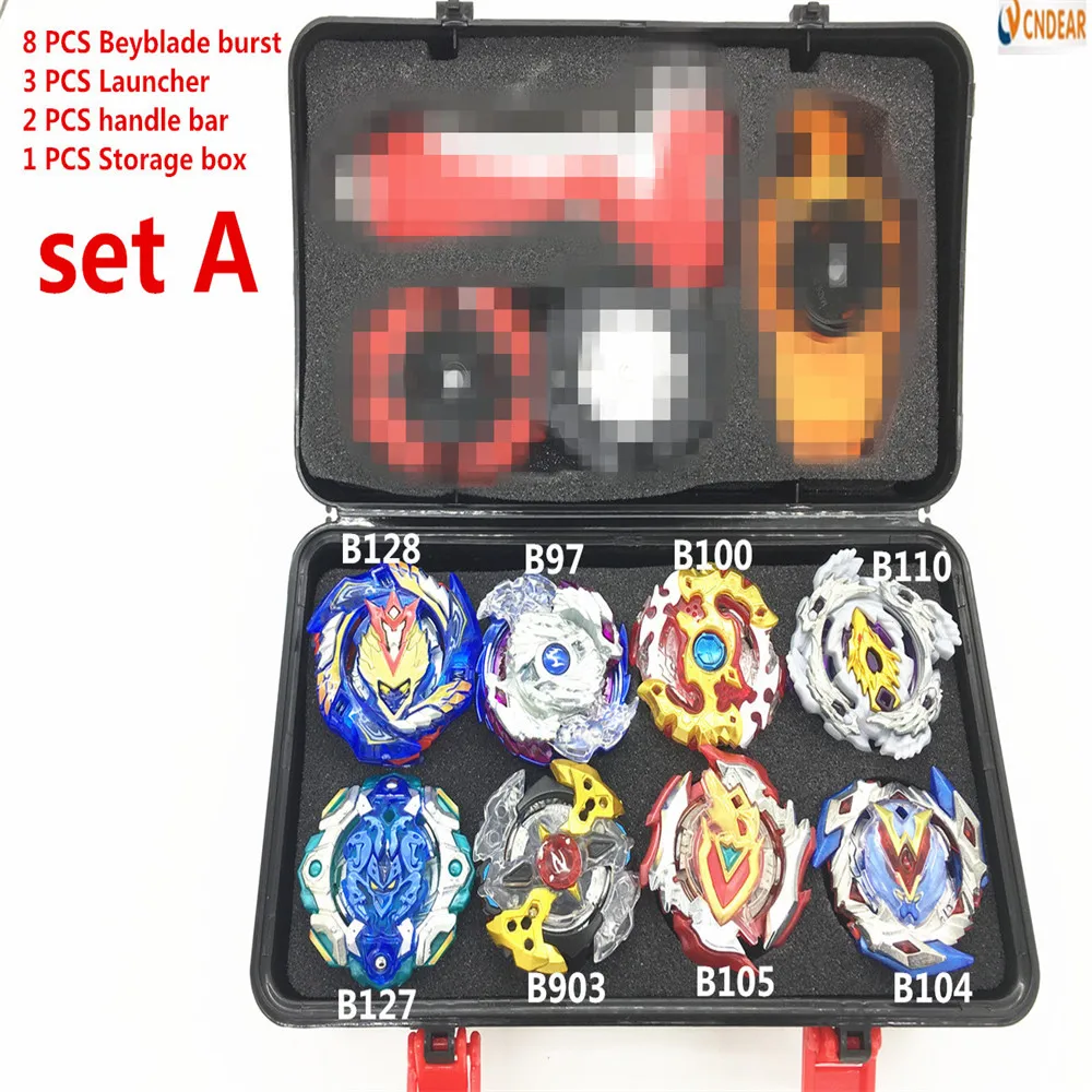 

4D Beyblade burst metal fusion spinning top 8 PCS B97 B100 B122 B125 B127 B128 With launcher handle bar storage box as children