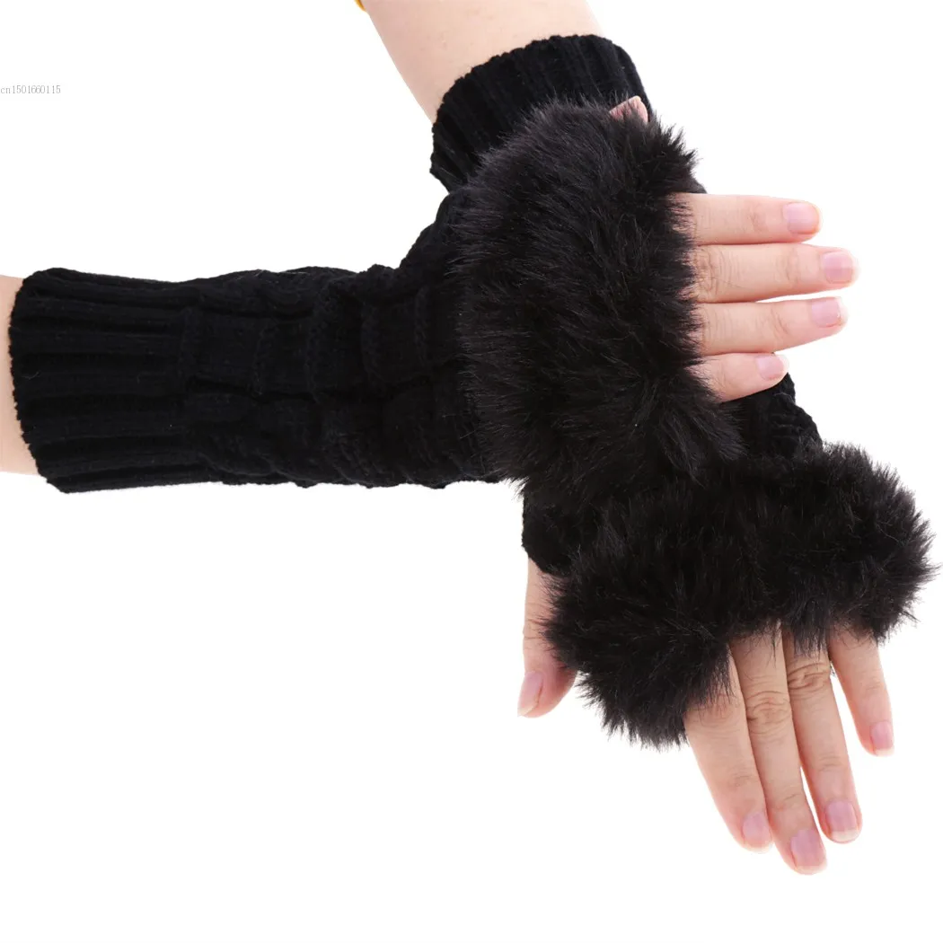 High Quaity Faux Fur Fingerless Gloves Women Knitted Gloves Warm Winter