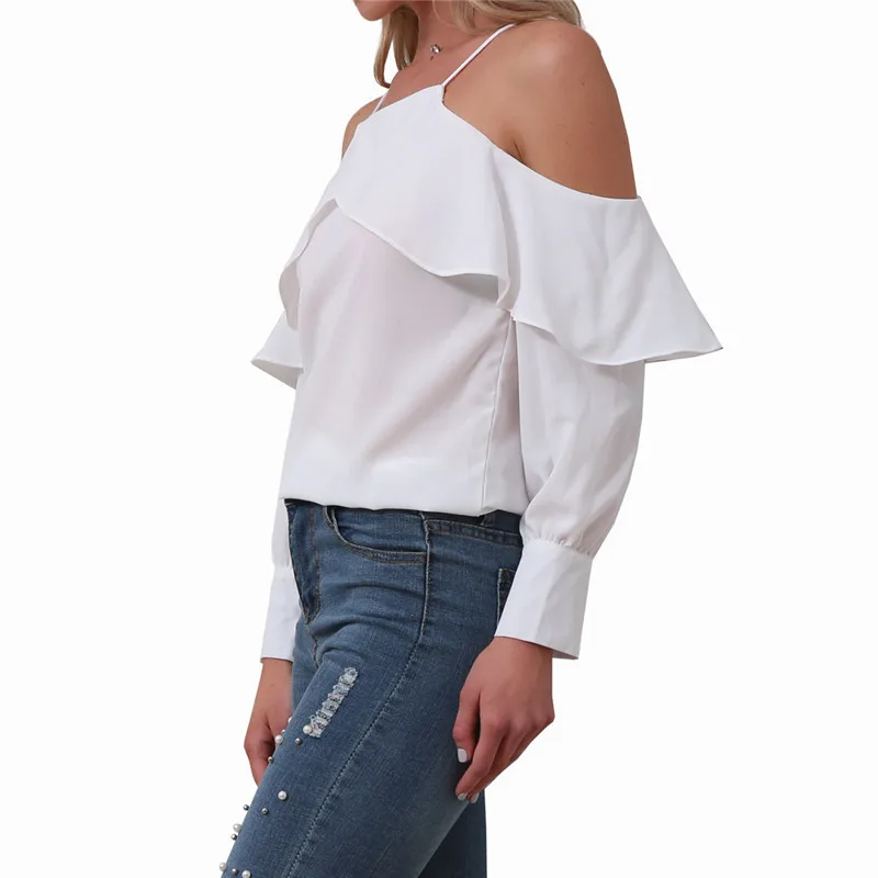 Sexy new strap shoulder ruffled long sleeve shirt blouse (2)
